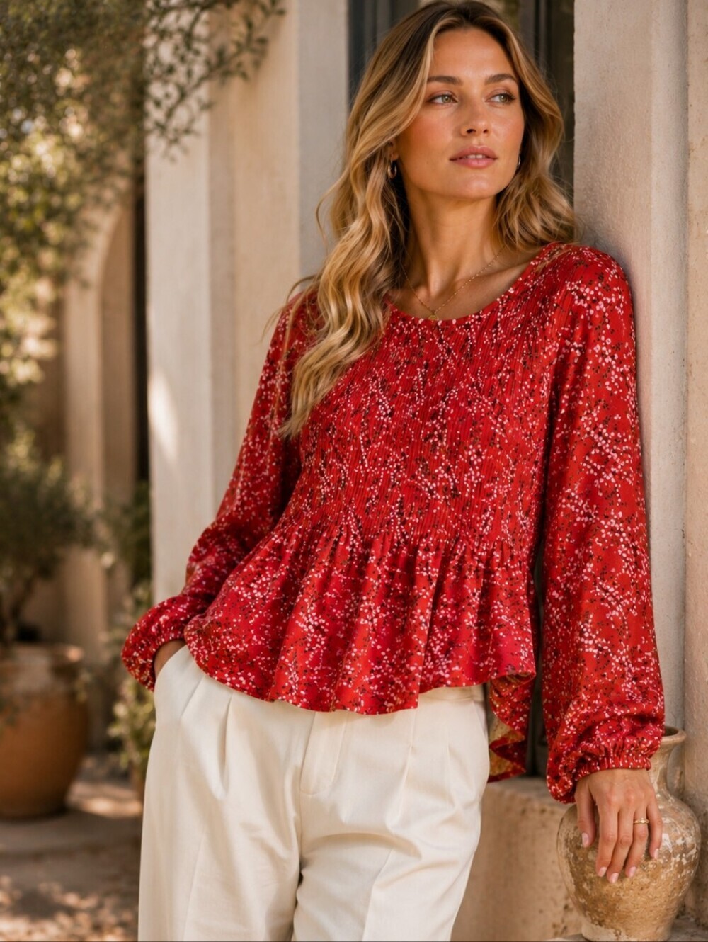 Red Floral Boho Smocked  XXL 20 Peasant Blouse EUC